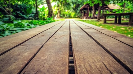 Fototapeta premium Wooden boardwalk path, tropical garden, gazebo background, relaxation