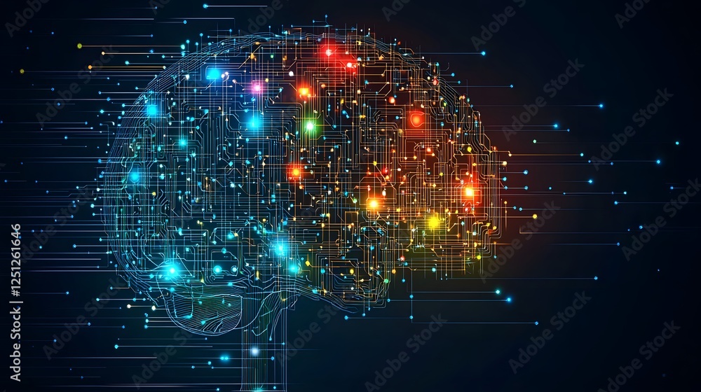 Poster illuminated brain with a complex network of multicolored data nodes and circuit lines representing t