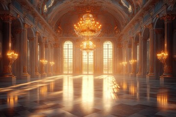 Grand Ballroom Interior Baroque Style Elegant Chandelier Polished Marble Warm Atmosphere Symmetrical Tall Windows Ornate Decorations