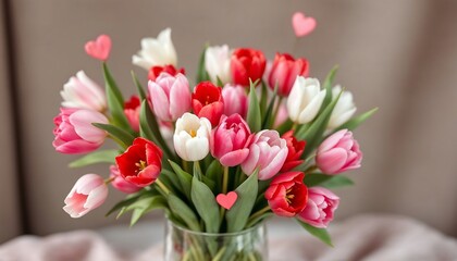Fototapeta premium Romantic Bouquet of Pink, Red, and White Tulips in a Glass Vase
