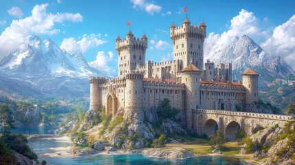 Majestic Castle Under Blue Sky Romantic Realism Fantasy Wallpaper