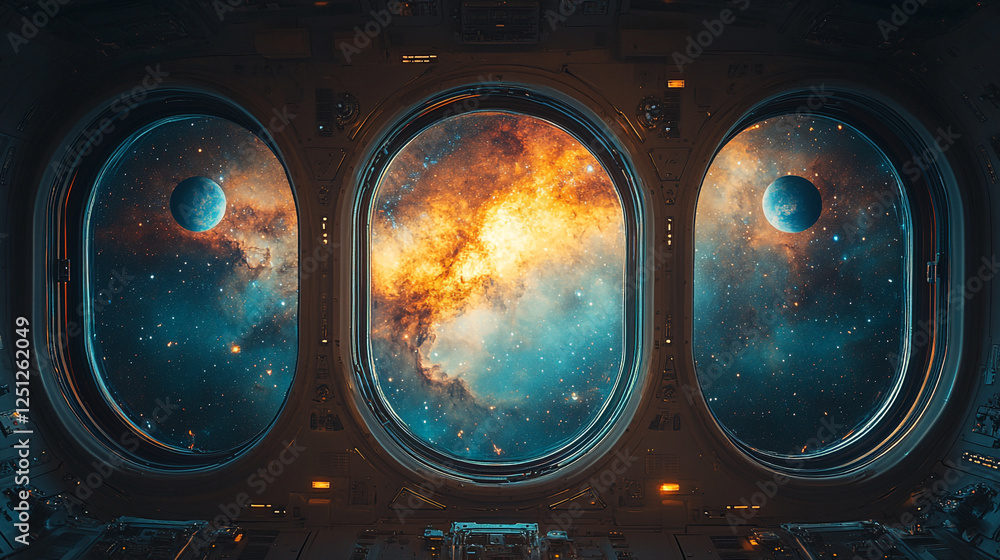 Poster stunning view of colorful galaxies through spaceship windows in deep space