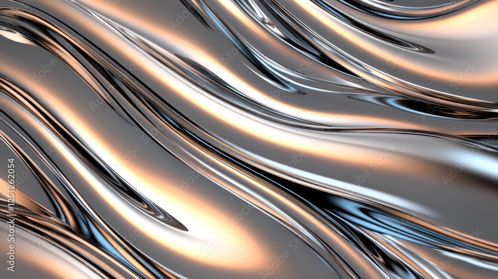 Poster a dynamic, wavy pattern of reflective metallic surfaces that creates a sense of fluidity and movemen