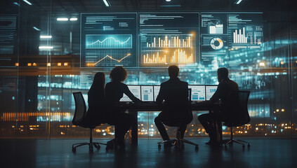 Corporate Team Collaborating with Digital Technology for Advanced Marketing Data Analysis and Strategic Investment Decision-Making in a Modern Business Setting