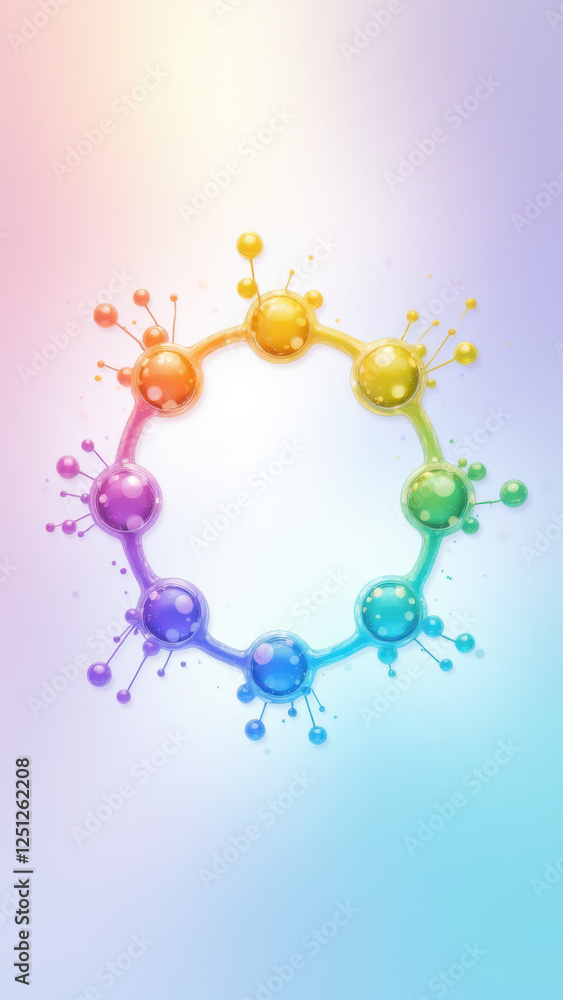 Poster a colorful representation of a molecule with multiple orbs, possibly depicting the chemical structur