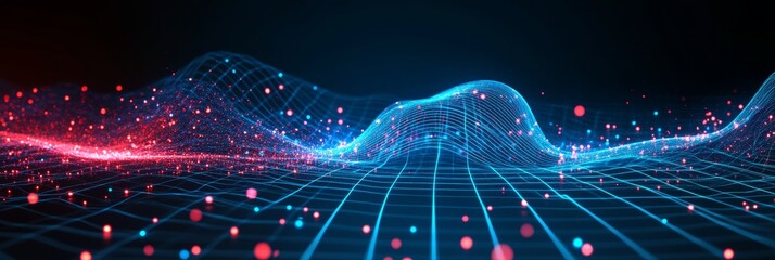 Abstract Waveform Glowing Blue, Red Particles Over Grid, Dynamic Lines, Digital Data