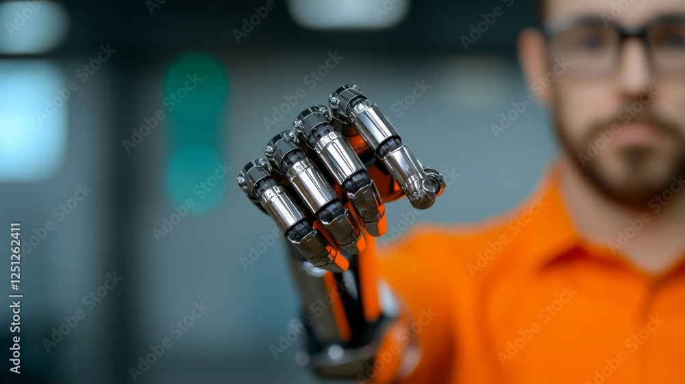 Poster a man showcases a robotic hand, highlighting advancements in technology and robotics in a modern set