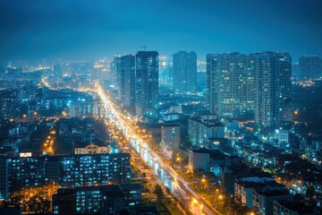 Obraz premium Night city highway traffic, aerial view, cityscape, urban, light trails