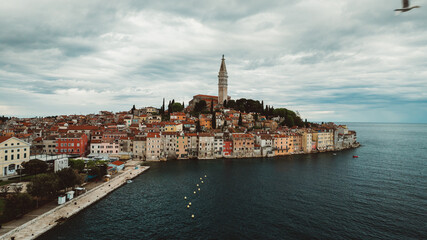 Aerial panorama of Croatian landmark, old town Rovinj and the cathedral of St. Euphemia, Istria,...