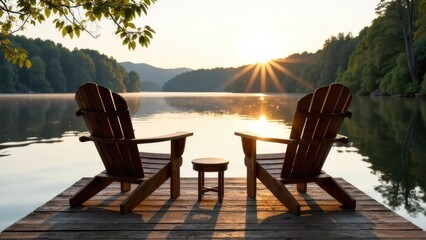 A relaxing holiday on the shore of the lake. Rustic Adirondack chairs on a wooden dock overlooking the lake