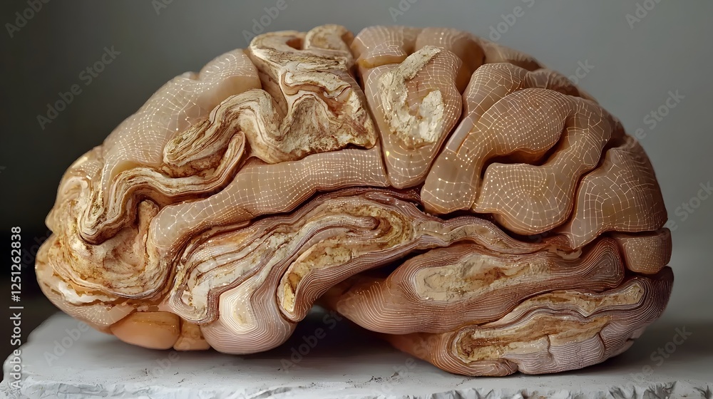 Poster a futuristic digital depicting an brain with intricate layered textures that combine organic and tec