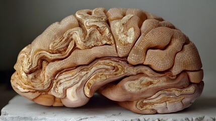 A futuristic digital depicting an brain with intricate layered textures that combine organic and technological elements