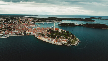 Aerial panorama of Croatian landmark, old town Rovinj and the cathedral of St. Euphemia, Istria, Croatia.