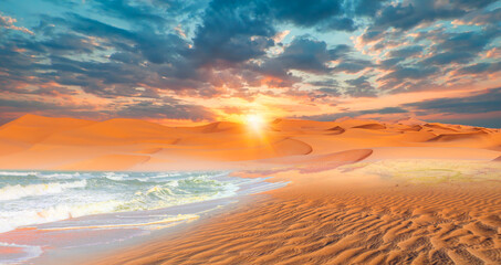 Sahara desert with Atlantic ocean meets near coast - Morocco, North Africa