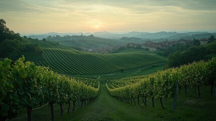 Fototapeta premium Sunset vineyard rows, Italian hills, village background, wine tourism