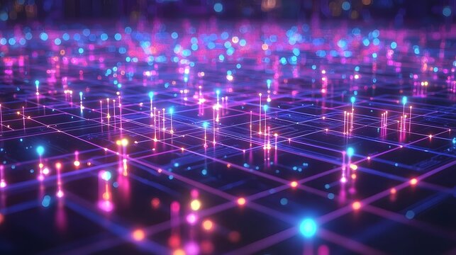 Vibrant synaptic grid of an intelligence brain with glowing nodes and interconnected pathways in a dynamic futuristic digital realm