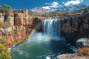 Fototapeta premium Waterfall cascading into gorge with rainbow, snowy mountains, autumn landscape