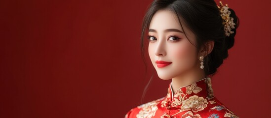 Fototapeta premium Elegant bride, red dress, studio, simple background, wedding