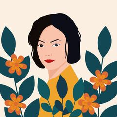 A graphical representation of a graceful young woman surrounded by blossoms.

