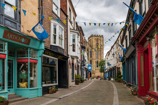 A side street with Ripon Cathedral in the background, Borough of Harrogate, North Yorkshire.