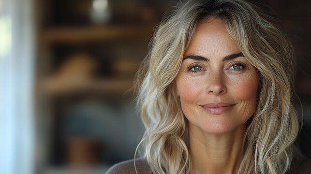 Close up portrait of a mature woman with a confident smile, showcasing grace and beauty in aging her expression reflects wisdom and serenity.
