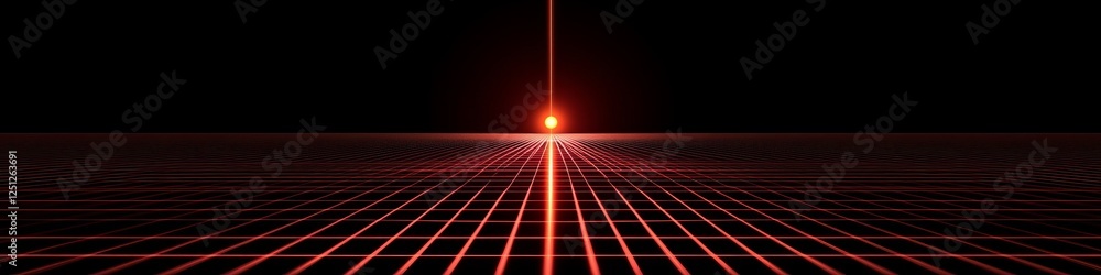 Poster cyberpunk style background red glowing grid with a bright light source on the horizon, 3d render.