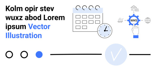 Calendar, clock, automation settings icon, connectivity symbols. Ideal for productivity, time management, scheduling, automation planning efficiency workflow optimization. Landing page