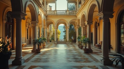 Fototapeta premium Sunlit Italian villa courtyard, marble floor, arched colonnade, hillside view, luxury travel