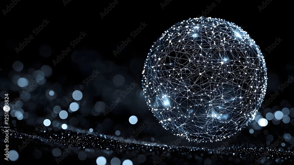 Poster glowing and shimmering virtual network sphere representing the concept of intelligence technology th