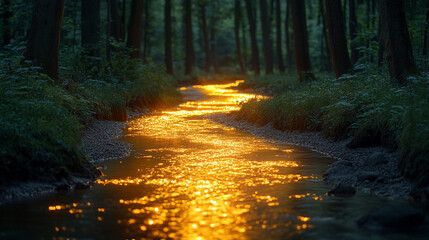 Fototapeta premium Warm sunlight reflects on a winding stream in a serene forest at dusk