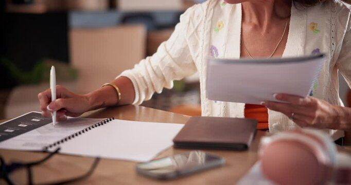 Documents, hands and writing with business person at desk in office for proofreading of contract. Pen, paperwork and proposal with professional employee in workplace for agenda, brief or report
