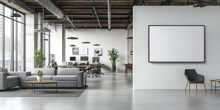 Modern coworking space interior showcasing open layout with comfortable furniture and blank wall for creative designs