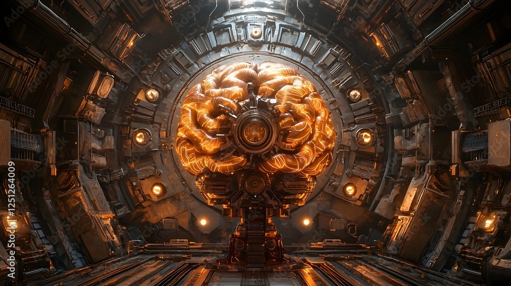 Poster conceptual artwork of a futuristic cyborg brain blending mechanical and organic elements to create a