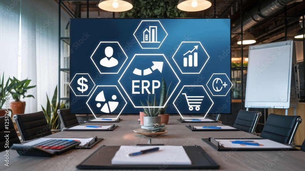 Poster erp system implementation in modern office