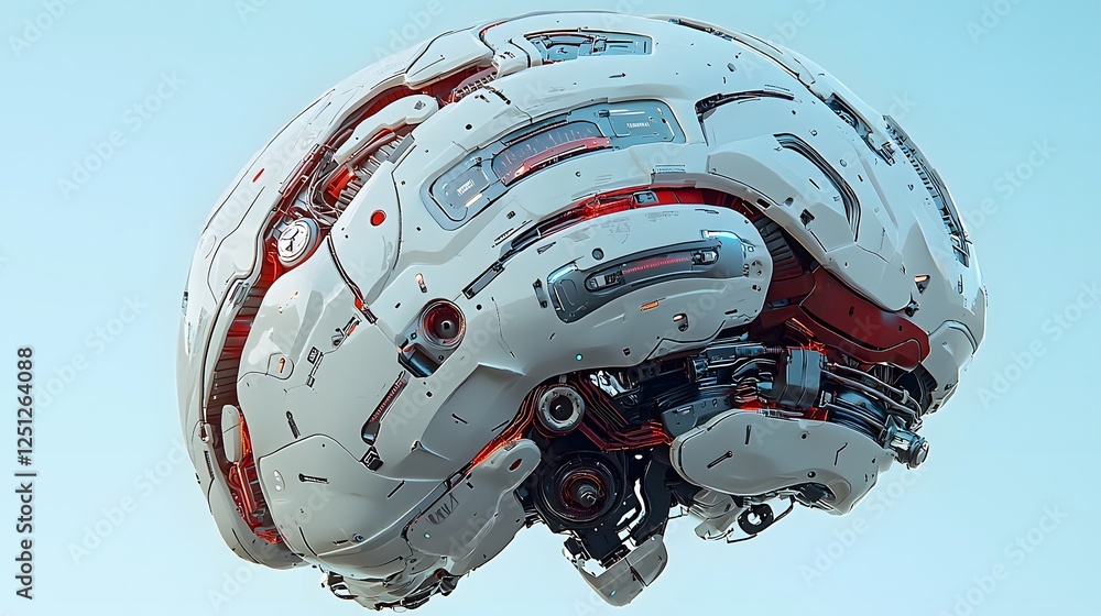 Poster conceptual artwork depicting a futuristic brain with a combination of mechanical and organic element