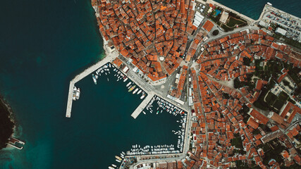 Aerial panorama of Croatian landmark, old town Rovinj and the cathedral of St. Euphemia, Istria, Croatia.