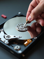 Obraz premium Dismantle Hard Drive To Access Its Internal Components, Including Binary Digits Stored On Disc, For Data Recovery And Device Repair Services. 00002