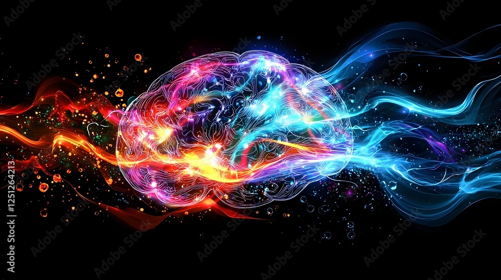 Poster vivid abstract representation of a glowing fractal patterned brain with dynamic flowing energy lines