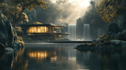 Fototapeta premium Modern house, waterfall backdrop, serene lake, jungle setting, architectural visualization