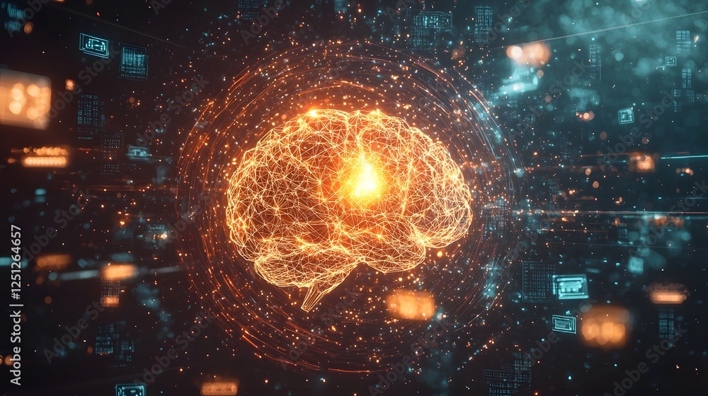 Poster glowing 3d mesh brain structure surrounded by futuristic data symbols icons and lights representing 