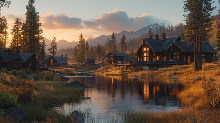 Obraz premium Mountain cabins sunset river reflection autumnal landscape