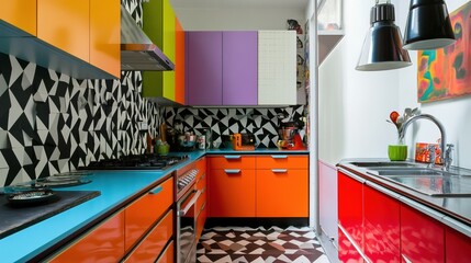 A colorful kitchen with geometric patterns, featuring vibrant cabinets and walls in black, white, purple, orange, red, blue, green, and yellow colors, a sink on the right side