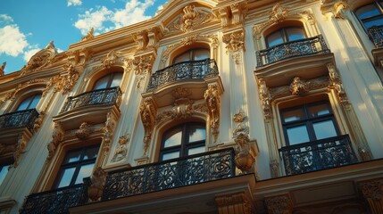 Obraz premium Elegant European building facade, ornate balconies, sunny day, city backdrop, real estate