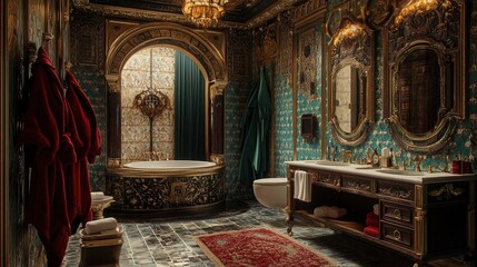 Fototapeta premium A lavish bathroom in a mansion, with ornate gold and red details, turquoise wallpaper, an antique bathtub, intricate mirrors