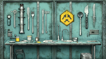 Workshop tools and equipment setup garage digital art industrial space front view diy concepts for creators