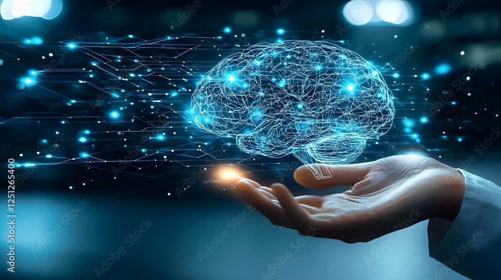 Poster futuristic brain interface revealing innovative technology glowing digital interconnected neural net