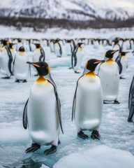 Obraz premium A group of emperor penguins standing on icy terrain, surrounded by a snowy landscape, showcasing their distinctive black and white plumage.