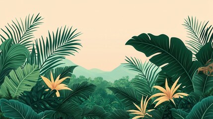 Naklejka premium A lush tropical landscape featuring vibrant green leaves, distant mountains, and yellow flowers against a soft pastel background.