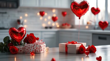 Valentine's Day background with heart-shaped balloons, roses, and gift boxes on a table in a modern kitchen interior. This stock photo was the winner of a contest