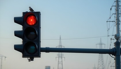 A red traffic light with a small bird perched on top, set against a backdrop of power lines and an industrial skyline. Symbolizing urban life, waiting, and stillness.